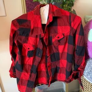 Women’s large CATO red black plaid flannel shirt